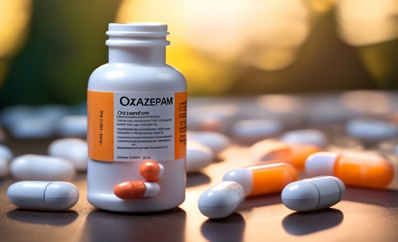 Een witte fles met het label Oxazepam wordt omringd door verspreide witte en oranje capsules op een glad oppervlak, met een vage buitenachtergrond met warm zonlicht.