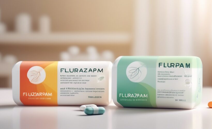Twee doosjes met medicijnen met de naam FLURAZAPAM staan op een wit oppervlak, één oranje-wit en één groen-wit. Twee capsules, een blauw-witte en een oranje-witte, liggen naast de doosjes. Onscherpe achtergrond.