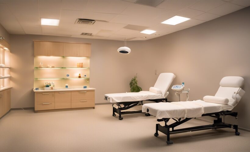 Een moderne, schone medische spa met twee verstelbare behandelstoelen, zachte verlichting, planken met huidverzorgingsproducten en rustgevende neutrale kleuren, die een rustige en professionele sfeer creëren.