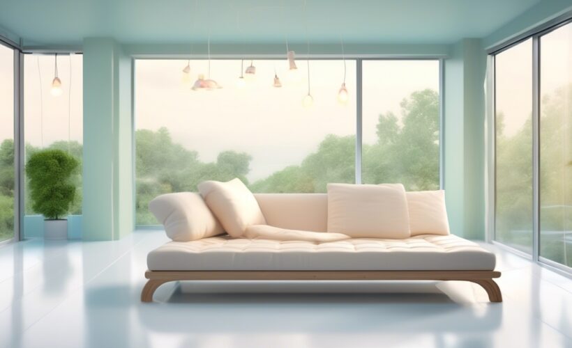 Een lichte, moderne woonkamer met grote ramen van vloer tot plafond, lichtblauwe muren, een crèmekleurige bank met kussens, hangende hanglampen en weelderig groene planten binnen en buiten.