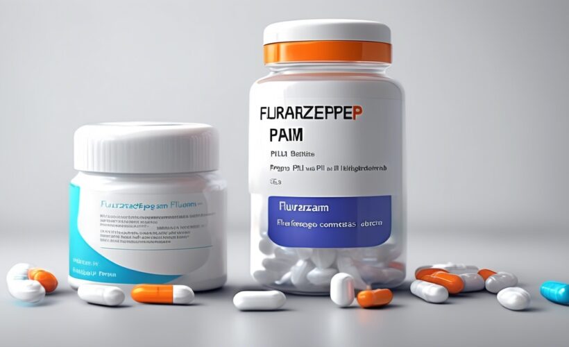Twee medicijnverpakkingen met het etiket Flurazeppepam en diverse capsules en tabletten er omheen verspreid op een glad, lichtgrijs oppervlak. Eén verpakking staat rechtop, de andere is korter met een blauw etiket.