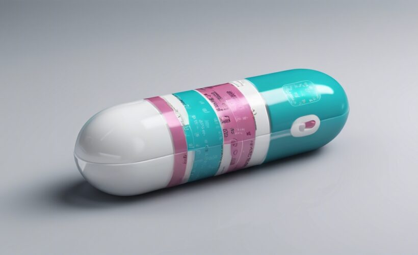 Een groot capsulevormig object met witte en groenblauwe helften, omwikkeld met roze en groenblauwe labels met tekst en pictogrammen, ligt op een lichtgrijs oppervlak.