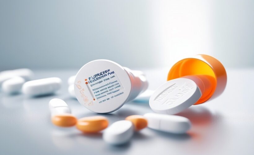 Een oranje pillenflesje ligt op zijn kant waar witte ovale tabletten uitlopen. Het etiket van het flesje is zichtbaar maar wazig en er liggen nog meer tabletten verspreid op een reflecterend oppervlak op de achtergrond.