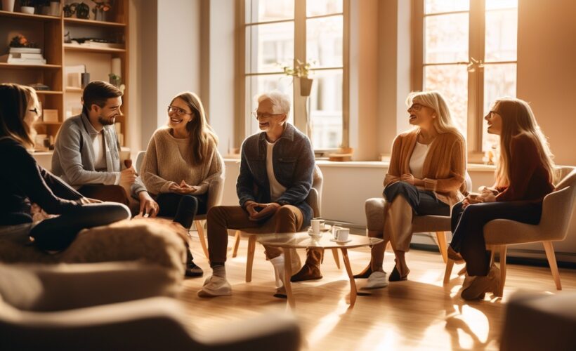 Een groep van zes mensen van verschillende leeftijden zit in een gezellige, zonovergoten woonkamer en lacht en praat met elkaar. Ze zien er ontspannen en betrokken uit, met koffiekopjes op een tafel voor hen.